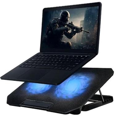 Imagem de Base Refrigerada para Notebook 17” com Coolers Duplos Ultra Silenciosos, LED Azul e 8 Posições de Altura – Suporte USB e Ventilação Otimizada