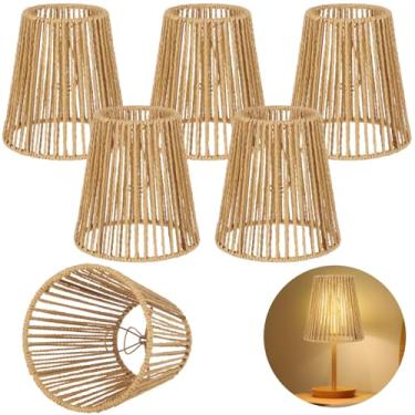 Imagem de 6 peças de abajur de vime, conjunto de cortinas de lustre de encaixe, abajur pequeno tecido natural à mão para luzes de teto de parede pendentes, 9,9 x 14,2 x 13,7 cm