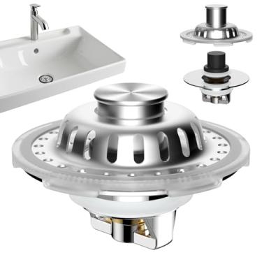 Imagem de Coletor de cabelo universal para pia de banheiro, 3 em 1, rolha de pia de banheiro de metal pop-up de latão adequada para orifício de lavatório padrão de 2,8 cm ~ 6,8 cm, borda transparente