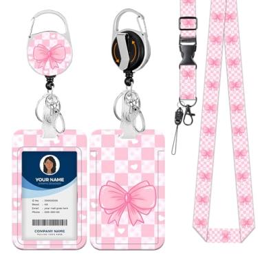 Imagem de Cordão rosa fofo para crachás de identificação com carretel retrátil resistente e mosquetão, suporte ajustável para professores, enfermeiros, médicos e presentes de escritório