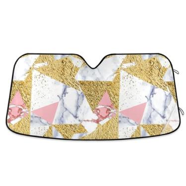 Imagem de Toldo de sol rosa triângulos dourados mármore para para-brisa de carro capa de para-brisa automotiva retrátil personalizada protetor solar L, 144,8 cm x 80 cm