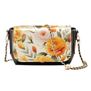 Imagem de Bolsa transversal floral laranja e amarela em couro bege com aba, bolsas de ombro femininas tamanho médio, Flores e rosas laranjas florais - 4, One Size