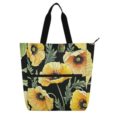 Imagem de GAIGEO Bolsa de trabalho feminina com flor de papoula amarela preta, bolsa escolar de lona, presente para professores, para amantes de livros