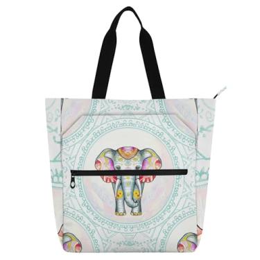 Imagem de GAIGEO Sacola de Elefante Branco Azul Aquarela para Crianças Mulheres Trabalho Escolar Zíper Bolsa Floral de Lona Média