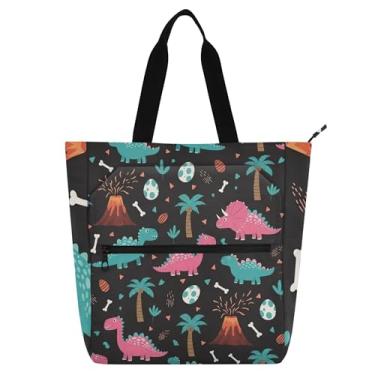 Imagem de GAIGEO Linda bolsa de trabalho feminina de desenho animado dinossauros preta bolsa escolar de lona com zíper bolsa mensageiro com compartimentos