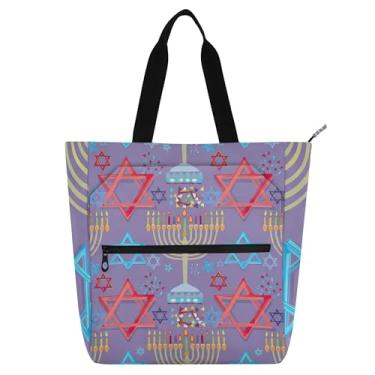 Imagem de Menorahs colorido roxo bolsa de trabalho para mulheres bolsa de lona bolsa escolar bolsas médias amantes de livros presentes