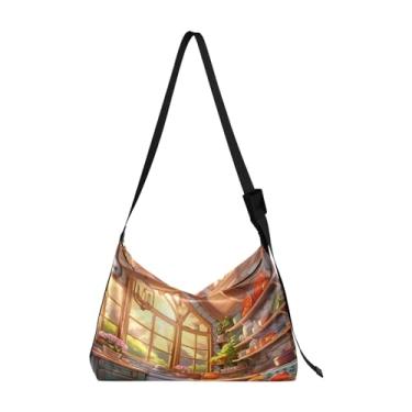 Imagem de Bolsa tiracolo de couro grande azul cosmos floral com folhas, bolsa transversal de couro masculina, bolsa de couro com zíper, Cozinha em um cenário de desenho animado - 2, One Size