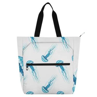 Imagem de GAIGEO Aquarela azul água-viva bolsa de trabalho para mulheres, bolsas de tecido de lona, faculdade, escola, senhoras, crianças, bolsas para amantes de livros