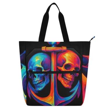 Imagem de GAIGEO Sacolas de trabalho pretas com caveiras azuis e laranjas âncora para mulheres, bolsa escolar de lona com zíper, bolsas de professores com compartimentos