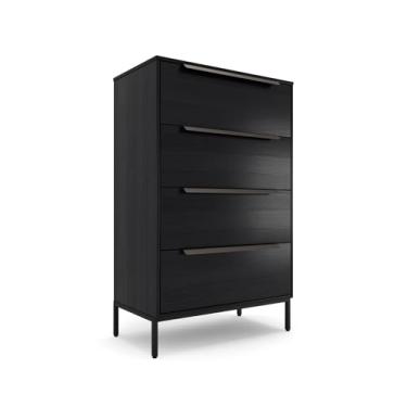 Imagem de Cômoda de tecido premium Lira – moldura de madeira maciça, 4 gavetas espaçosas à prova de queda com alças de metal elegantes – solução de armazenamento elegante e durável para sua casa (preto)