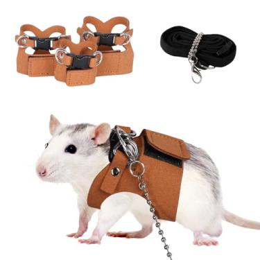 Imagem de Pacote com 3 arnês e coleira para ratos – Peitoral ajustável de couro macio para animais pequenos, corda de tração, corrente antimordida, colete para treinamento, caminhada, acessórios para répteis de