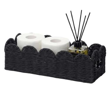 Imagem de Cesta de armazenamento de borda recortada preta, organizador de corda de papel tecido à mão para banheiro, vaso sanitário e bancada – bandeja retangular decorativa para toalhas, artigos de higiene
