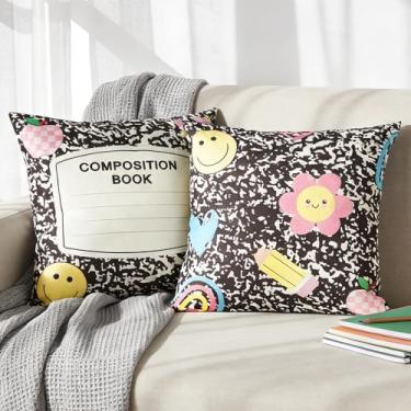 Imagem de 2 capas de almofada para caderno de composição, 45,7 x 45,7 cm, decoração de sala de aula, fronhas decorativas de maçã, lápis, arco-íris, para casa, cama, sofá, decoração de festa