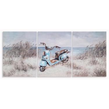 Imagem de Yihui Arts Arte de parede em tela tripla - Scooter azul claro vintage em dunas costeiras, textura pintada à mão, decoração de praia para sala de estar, quarto, casa de praia
