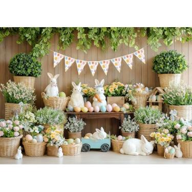 Imagem de DePhoto Pano de fundo de 2,8 x 1,8 m para primavera, Páscoa, coelhinho, ovos coloridos, retrô, placa de madeira, para decoração de festa de aniversário, decoração de festa de aniversário, adereços de