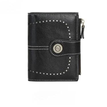Imagem de Carteira feminina dobrável de couro com bloqueio de RFID com bolso para moedas com zíper, Preto, Retrô