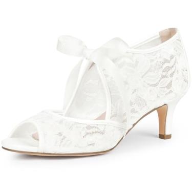 Imagem de Perphy Sandália feminina de salto agulha de renda com cadarço Peep Toe, Branco, 35