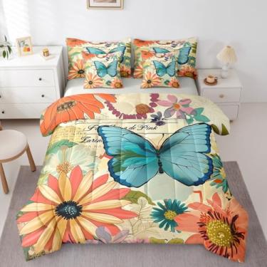 Imagem de Erosebridal Conjunto de edredom de 7 peças com borboleta azul, casa de fazenda, margarida, para quarto de adolescentes, crianças, botânico, jardim, floral, edredom rústico, vintage, amarelo, azul