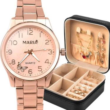 Imagem de Kit Relógio Feminino Rosé Analógico com Colar Pulseira Brincos e Anel 