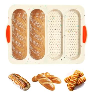 Imagem de Forma de pão de silicone, forma de pão de baguete antiaderente de 4 cavidades, resistente ao calor, para pão de cachorro-quente, para assadeira de subrolo para pão caseiro (bege)