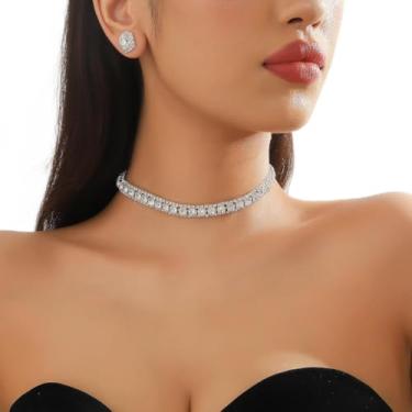 Imagem de Colar gargantilha de zircão de cristal para mulheres brilhantes requintados brincos quadrados de strass casamento noivas damas de honra festa de formatura joias presente (prata)