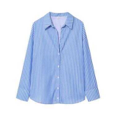 Imagem de Blusa Listrada De Manga Longa Azul E Branca Para Mulheres, Camisa Gran