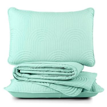 Imagem de Kit Cobre Leito Colcha Arcos Casal Padrão Dupla Face Matelado 200 Fios 3 Peças Verde