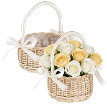 Imagem de 2 cestos para meninas de flores, pequenas cestas de vime com alça, conjunto de cesta de daminha de flores de vime, organizador de armazenamento decorativo multiuso para casamentos, festas, decoração