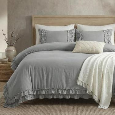 Imagem de Bedorm Conjunto de capa de edredom cinza solteiro com babados, plissado, chique, extra macio e fácil de cuidar, capa de edredom boho cinza com fecho de zíper