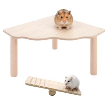Imagem de Conjunto de plataforma e gangorra de madeira 2 em 1 - brinquedo de escalada de animais pequenos de pinheiro natural e acessórios de gaiola para hamster sírio, gerbil, rato, enriquecimento de habitat
