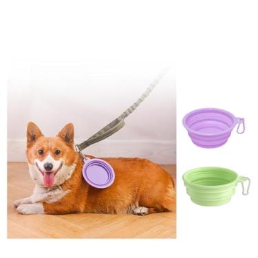 Imagem de Pacote com 2 tigelas dobráveis para cães com mosquetões | Tigela portátil para cães e viagens ao ar livre | Tigelas dobráveis de silicone sem BPA para cães e gatos (roxo, verde)