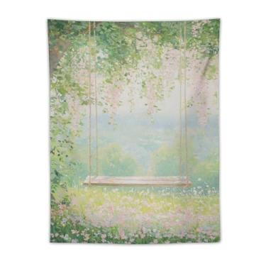 Imagem de Tapeçaria de balanço de videira de flor de primavera, pintura a óleo, prado de flor rosa, decoração romântica de jardim para sala de estar, quarto, decoração de arte de natureza sazonal suave com
