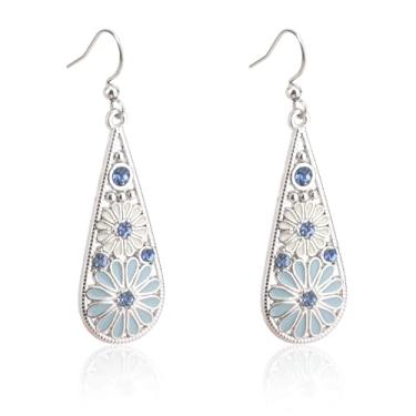 Imagem de 1 Par Brincos Boêmios Gota, Flor Esmaltada Brincos de Gancho com Strass para Mulheres Uso Diário ou em Festas (Azul-Celeste)