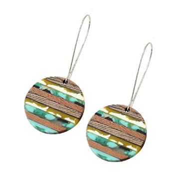 Imagem de Brincos retrô com pingente geométrico de resina de madeira, dois tons, feito à mão, madeira natural para mulheres, joias boêmias leves, Resina Madeira, madeira
