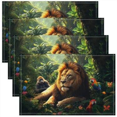 Imagem de Jogo americano de leão 3D 30,5 x 45,7 cm, conjunto de 4 tapetes de cozinha para crianças, adolescentes, adultos, botânica, árvores, plantas, para mesa de jantar