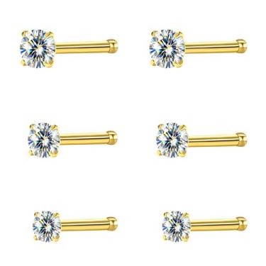 Imagem de hooppoo Brincos de nariz hipoalergênicos de titânio G23 com moissanite | Joia de piercing de barra reta em forma de L minúsculo/parafuso | Conjunto de 6 peças em 2 mm, 2,5 mm, 3 mm | Presente unissex