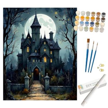 Imagem de Kit Fantasy Paint by Numbers para adultos - Castelo assombrado DIY com pintura de fundo de lua cheia enrolada em tela 40,6 x 50,8 cm, conjunto de tinta acrílica para iniciantes, arte para decoração de