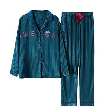Imagem de HHHJQFAAT Pijama feminino feminino de cetim de seda conjunto de pijama macio com botões estampados roupa de dormir loungewear conjunto feminino pijama GG (Cmx33982 Médio)