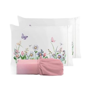 Imagem de Kit Jogo De Cama Lençol Liso Fronha Estampada Micropercal 400 Fios Ponto Palito(Borboleta Lençol Rosê,Casal Queen 03 Peças)