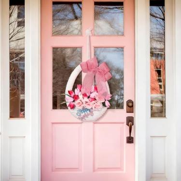 Imagem de Lineshading Guirlanda floral artificial com cesta de flores, casa de fazenda, Páscoa, feriado, festa, porta da frente, janela, varanda, lareira, decoração interna e externa (Happy Spring)