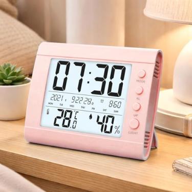 Imagem de Relógio de parede digital com ajuste automático, relógios de mesa com temperatura, umidade e data, relógio despertador com calendário digital grande para idosos, quarto, escritório, rosa (não bateria