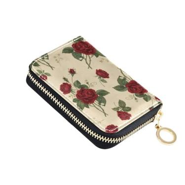 Imagem de Burbuja Porta-cartão de crédito Red Roses para mulheres e homens, bloqueio RFID, carteira de couro com zíper sanfonada, 11 compartimentos