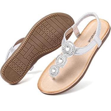 Imagem de Chaoslook Sandália boêmia feminina casual sem salto confortável tira no tornozelo verão boho sandália tanga, Prata, 40