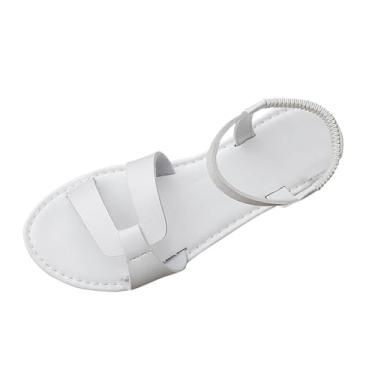 Imagem de Sandálias rasteiras casuais femininas com uma tira cruzada elástica e bico redondo, Branco, 34