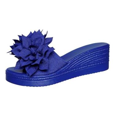 Imagem de Sandália feminina floral Peep Toe com uma sola plataforma grossa para um visual feminino de verão, Azul royal, 38