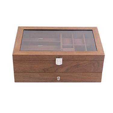 Imagem de 6+3 grades organizador de relógio de madeira fechadura de vidro dupla camada retro relógio óculos caixa de joias caixa de exibição caixão de armazenamento (cor: tamanho A: 15 * 21 * 34 cm) (A 15 * 21