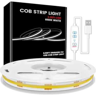 Imagem de DOPLOEU Fita de LED COB 2 m, alimentada por USB de 5 V, faixa de luz branca COB de 6000 K com controle de interruptor de regulação para balcão, quarto, TV, armário de cozinha, prateleiras