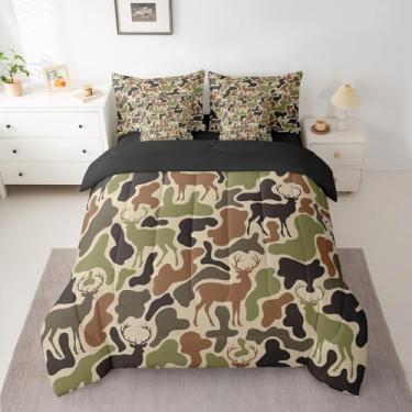 Imagem de Jogo de cama casal de 7 peças, conjunto de cama de caça de veado camuflado, inclui edredom, conjunto de lençol, fronhas e fronhas, decoração de quarto, chifres em uma bolsa, respirável, feminino,