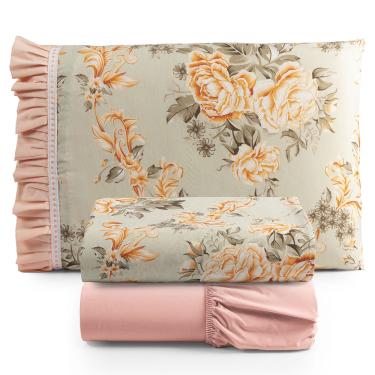 Imagem de Jogo Cama Lençol Fiore Solteiro Estampado 180 Fios 100% Algodão com Babadinho 3 Peças Salmão Floral
