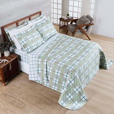 Imagem de Kit Cobre Leito Colcha Belle Casal Padrão Estampado Dupla Face 400 Fios 3 Peças Grid Verde